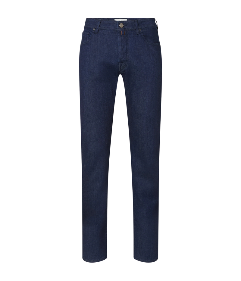 Jacob Cohën 5 PKT Slim Fit Bard Pant in Dark Blue – flat lay view displaying regular-slim fit, dark indigo wash, and classic five-pocket styling.