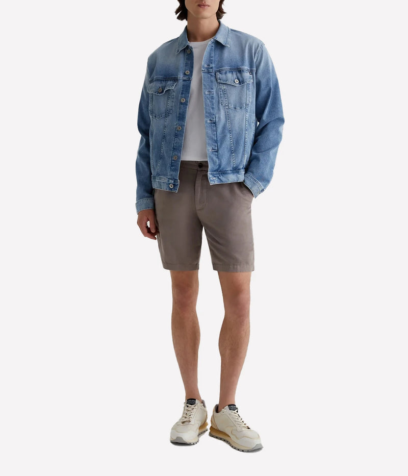 AG Wanderer Shorts in Amber Dust, slim-fit men's shorts with a tapered leg opening, crafted from a breathable linen-cotton blend for all-day comfort. Made in USA.