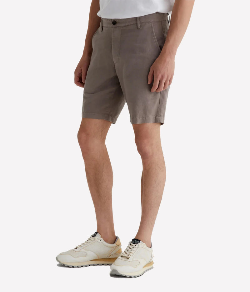 AG Wanderer Shorts in Amber Dust, slim-fit men's shorts with a tapered leg opening, crafted from a breathable linen-cotton blend for all-day comfort. Made in USA.