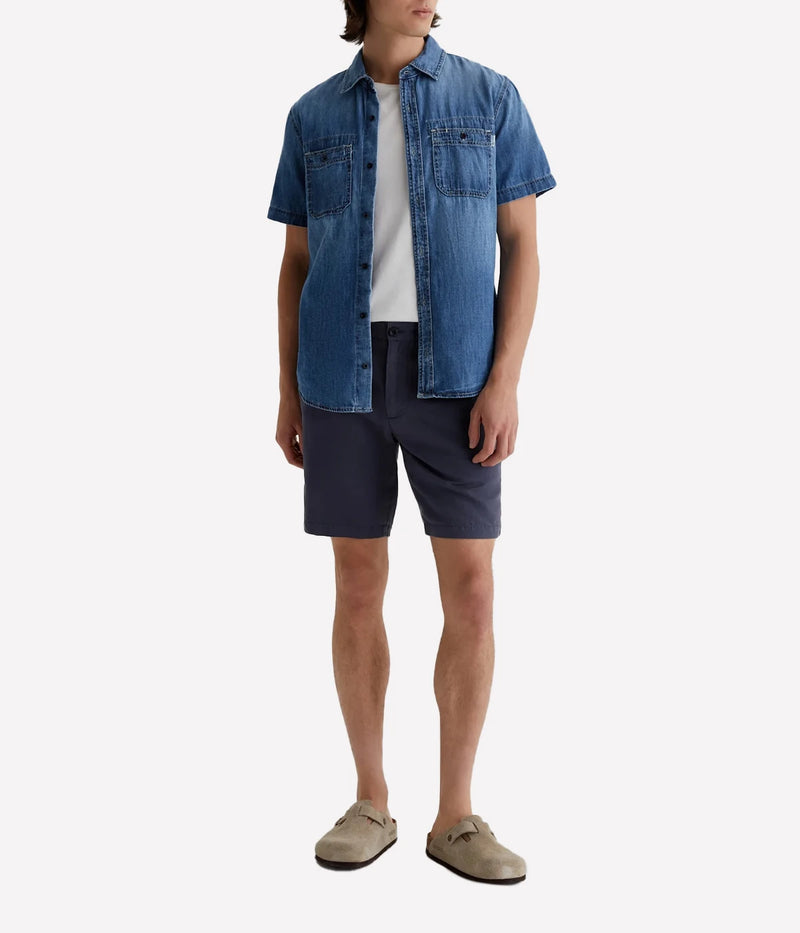 AG Wanderer Shorts in Pacific Midnight, slim-fit men's shorts with a tapered leg opening, crafted from a breathable linen-cotton blend for all-day comfort. Made in USA.