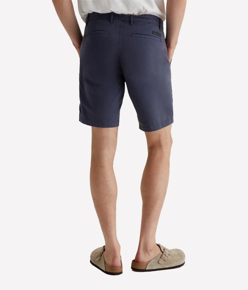 AG Wanderer Shorts in Pacific Midnight, slim-fit men's shorts with a tapered leg opening, crafted from a breathable linen-cotton blend for all-day comfort. Made in USA.