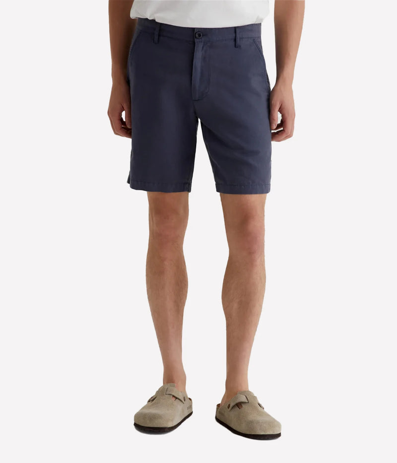 AG Wanderer Shorts in Pacific Midnight, slim-fit men's shorts with a tapered leg opening, crafted from a breathable linen-cotton blend for all-day comfort. Made in USA.