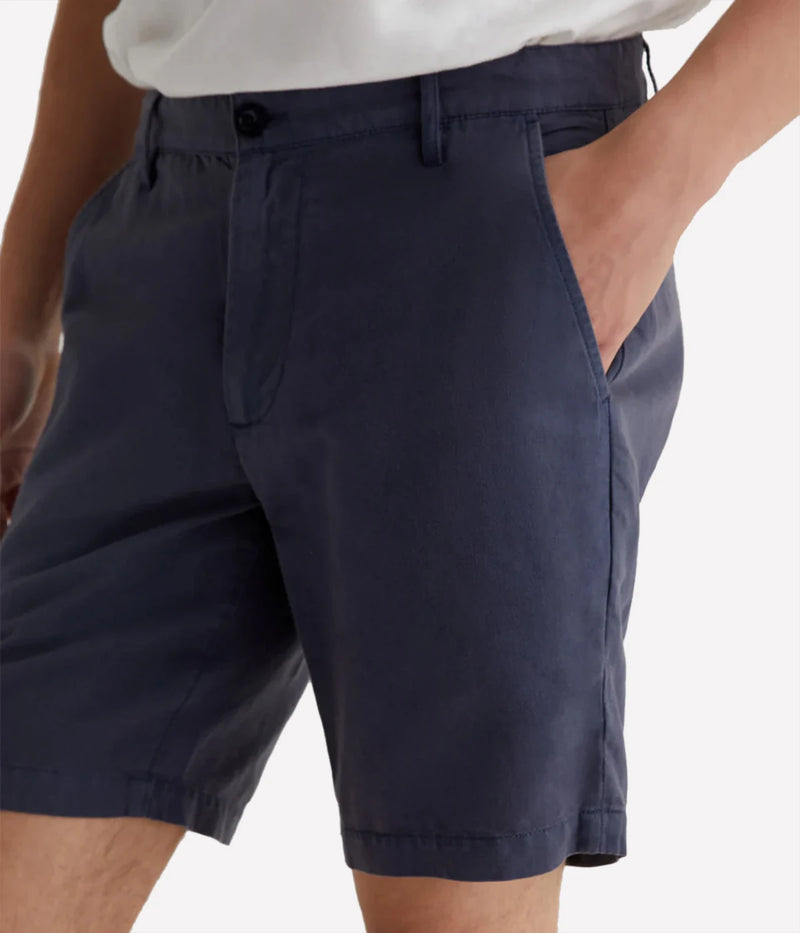 AG Wanderer Shorts in Pacific Midnight, slim-fit men's shorts with a tapered leg opening, crafted from a breathable linen-cotton blend for all-day comfort. Made in USA.