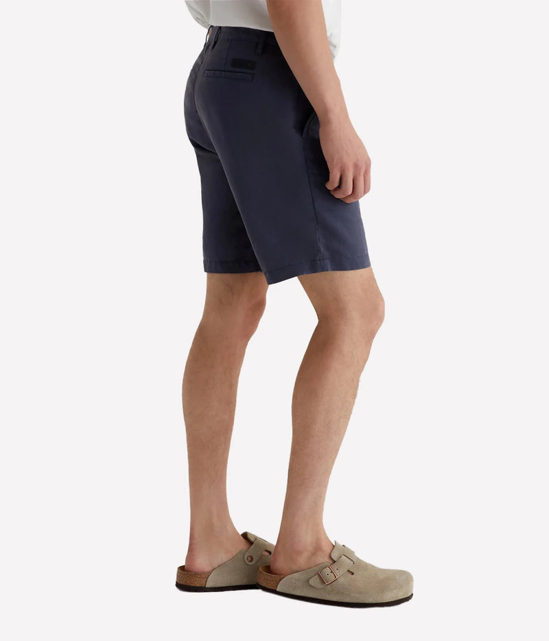 AG Wanderer Shorts in Pacific Midnight, slim-fit men's shorts with a tapered leg opening, crafted from a breathable linen-cotton blend for all-day comfort. Made in USA.
