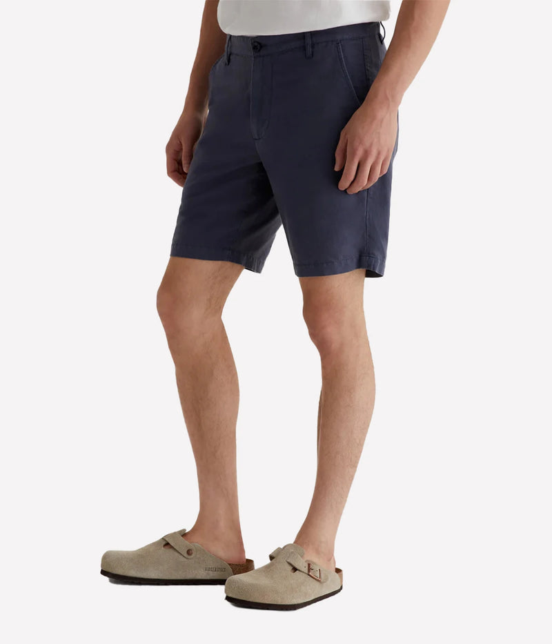 AG Wanderer Shorts in Pacific Midnight, slim-fit men's shorts with a tapered leg opening, crafted from a breathable linen-cotton blend for all-day comfort. Made in USA.