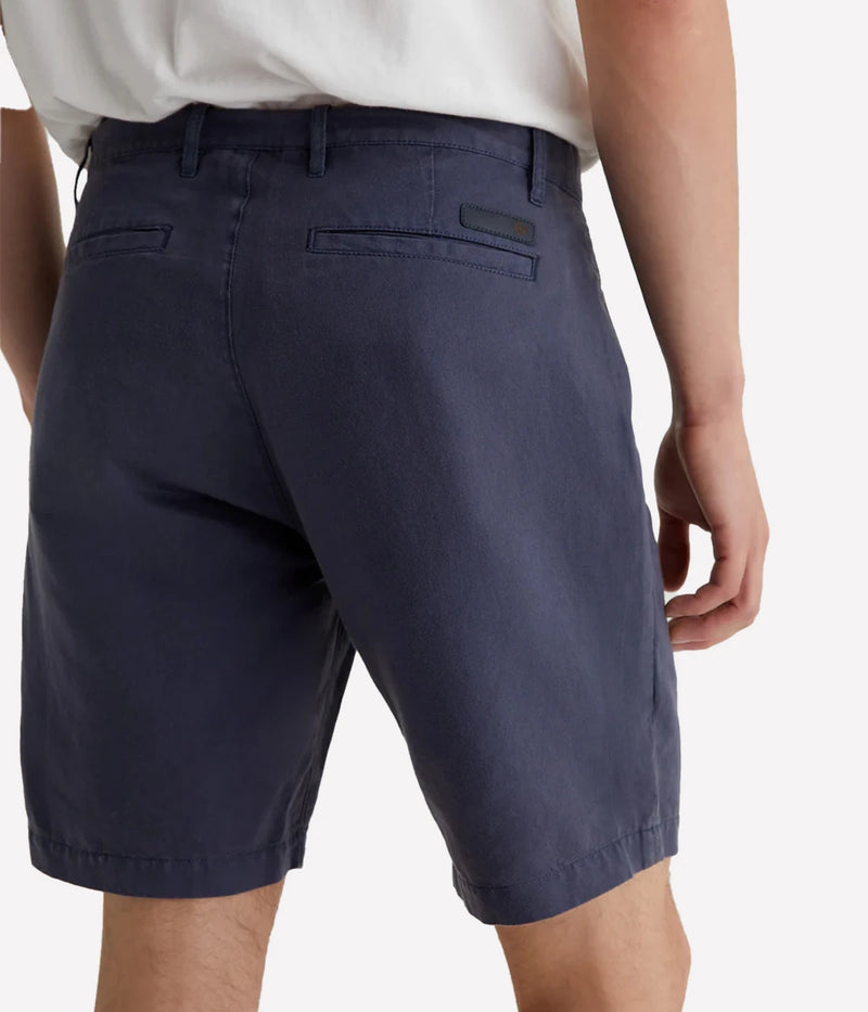 AG Wanderer Shorts in Pacific Midnight, slim-fit men's shorts with a tapered leg opening, crafted from a breathable linen-cotton blend for all-day comfort. Made in USA.