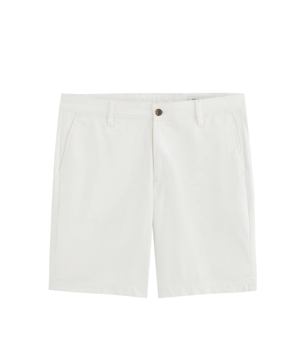 A pair of off-white chino shorts with a brown button closure, displayed flat against a solid white background.