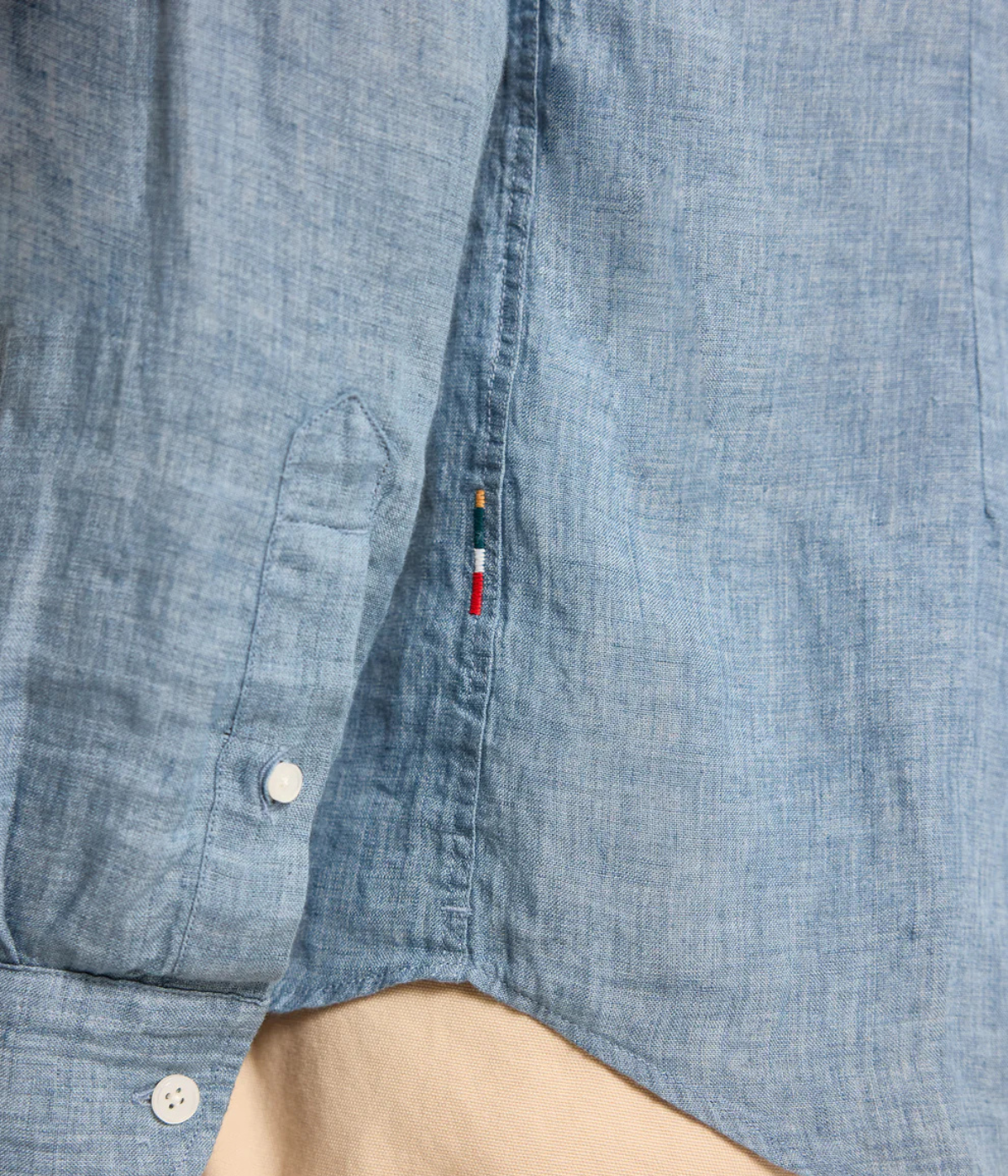 Orlebar Brown Giles Lino Tailored Fit Italian Linen Shirt in Aero Blue close-up of the textured linen fabric.