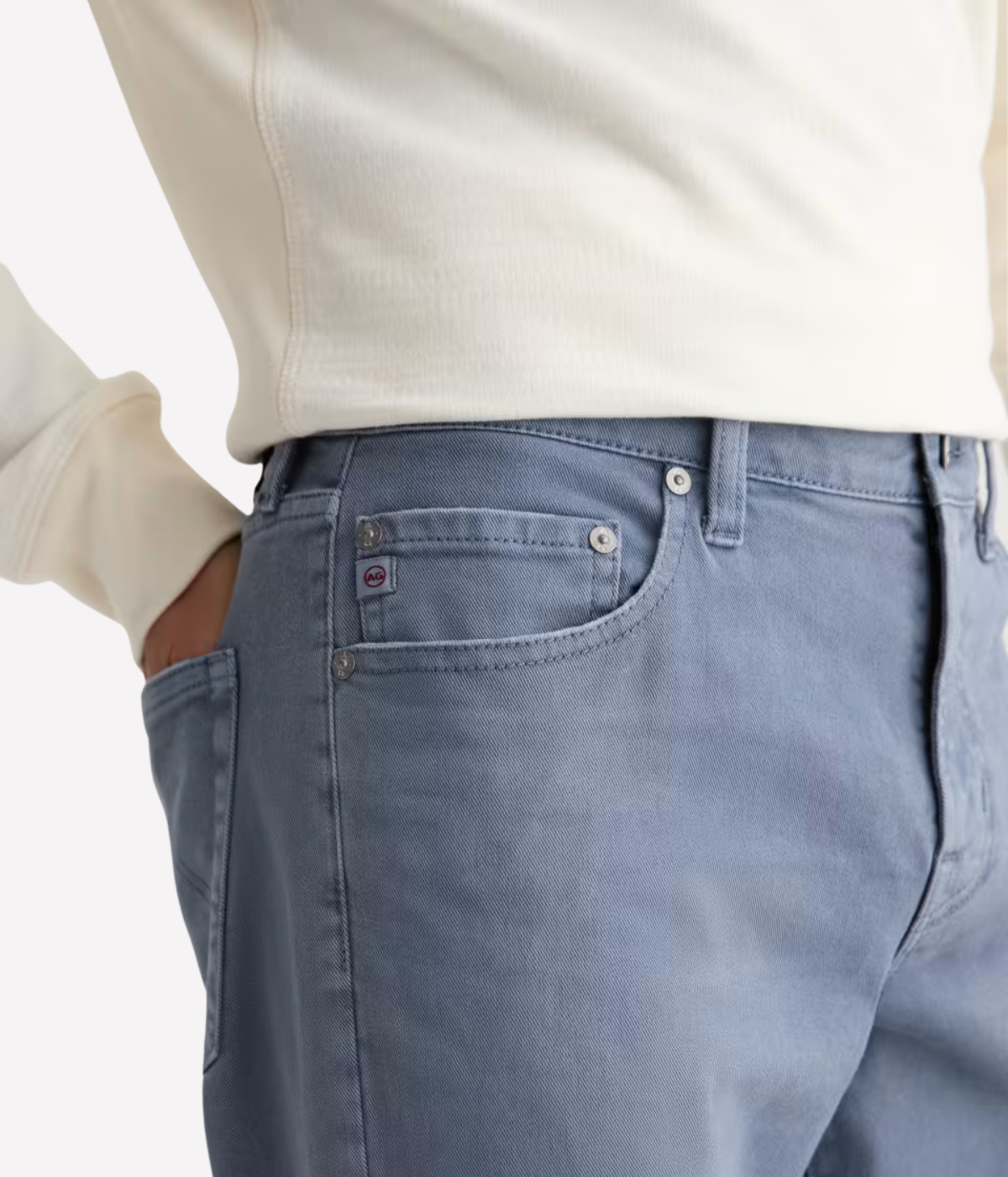 AG Everett Jean in 7 Years Sulfur Ashline worn on model - close up on front pocket details