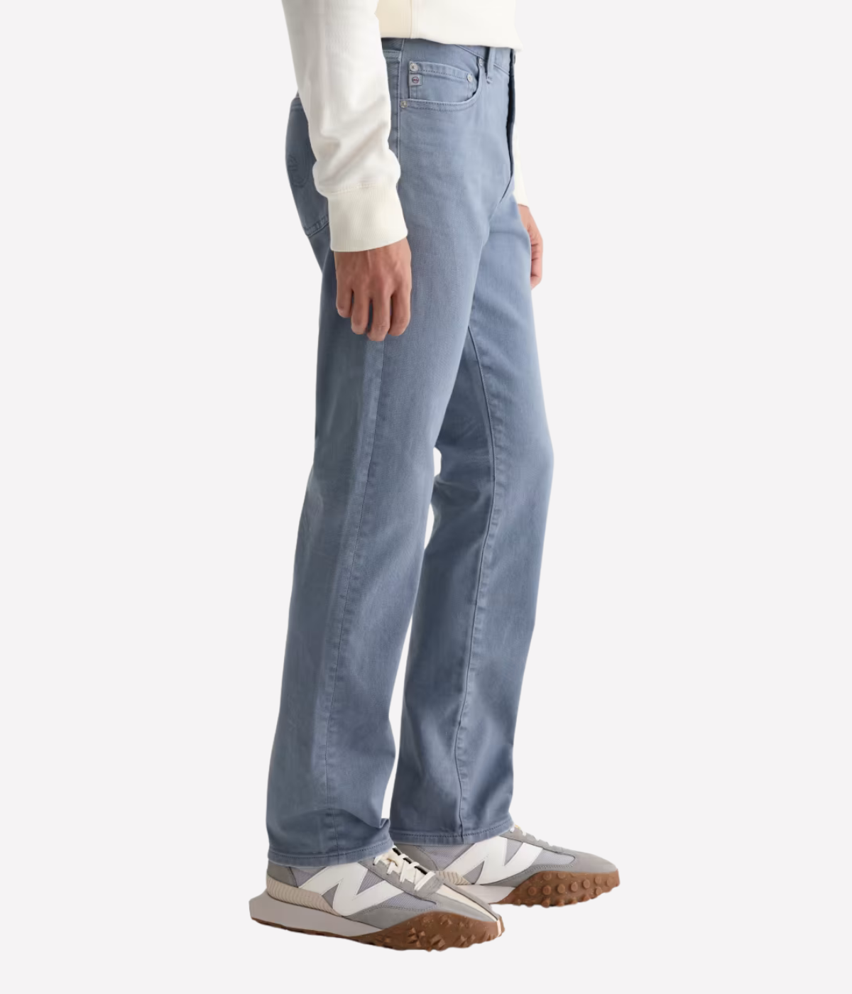 AG Everett Jean in 7 Years Sulfur Ashline worn on model - side view. 