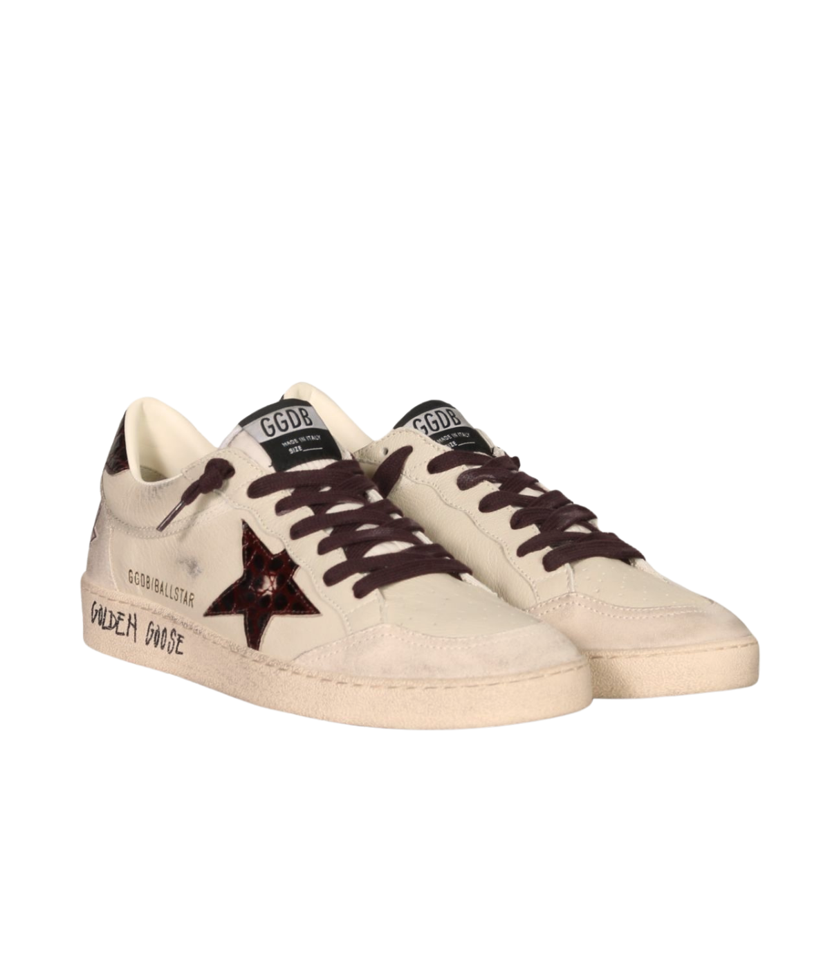 Golden Goose Ball Star Sneaker in Cream, Grey, Beige & Burgundy angled side view featuring a printed leather star.