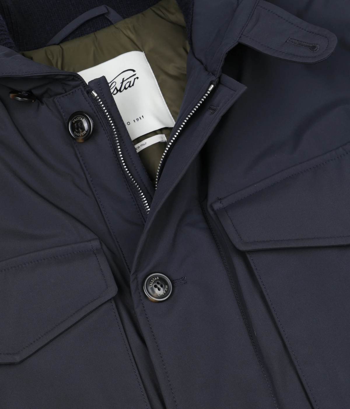 Valstar Loyal Padded Field Jacket in Navy - Close up on zip and button fastening.