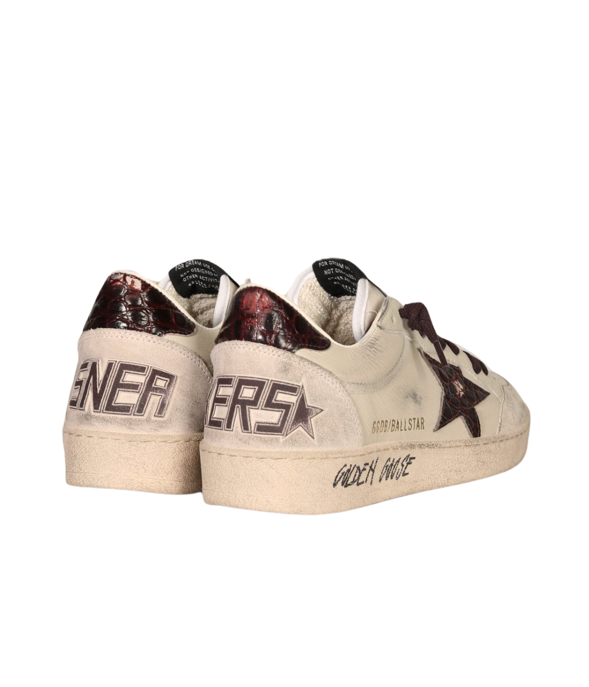Golden Goose Ball Star Sneaker in Cream, Grey, Beige & Burgundy Angled Back view featuring a printed leather star.