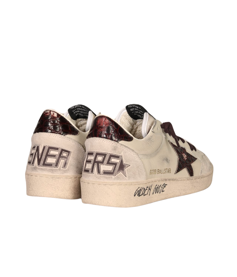 Golden Goose Ball Star Sneaker in Cream, Grey, Beige & Burgundy Angled Back view featuring a printed leather star.