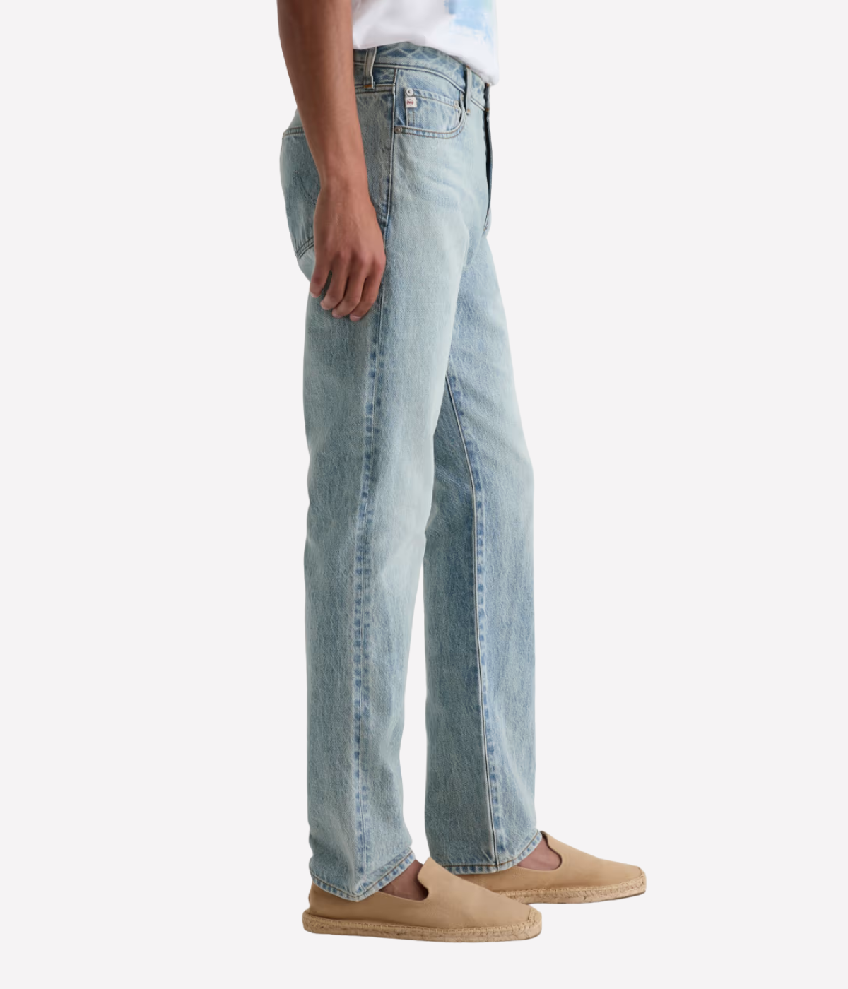 AG Everett Jean in 7 Years Sulfur Ashline worn on model - side view. 