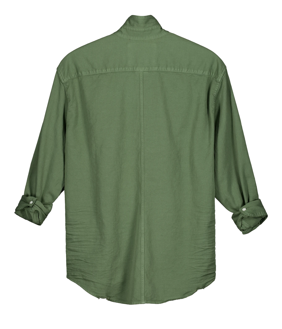 An olive green long-sleeve shirt shown from the back, featuring a high mock neck, a central seam, and buttoned cuffs, displayed on a solid white background.