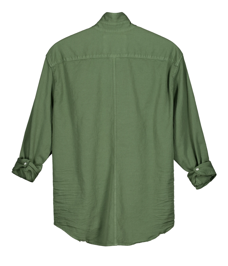 An olive green long-sleeve shirt shown from the back, featuring a high mock neck, a central seam, and buttoned cuffs, displayed on a solid white background.