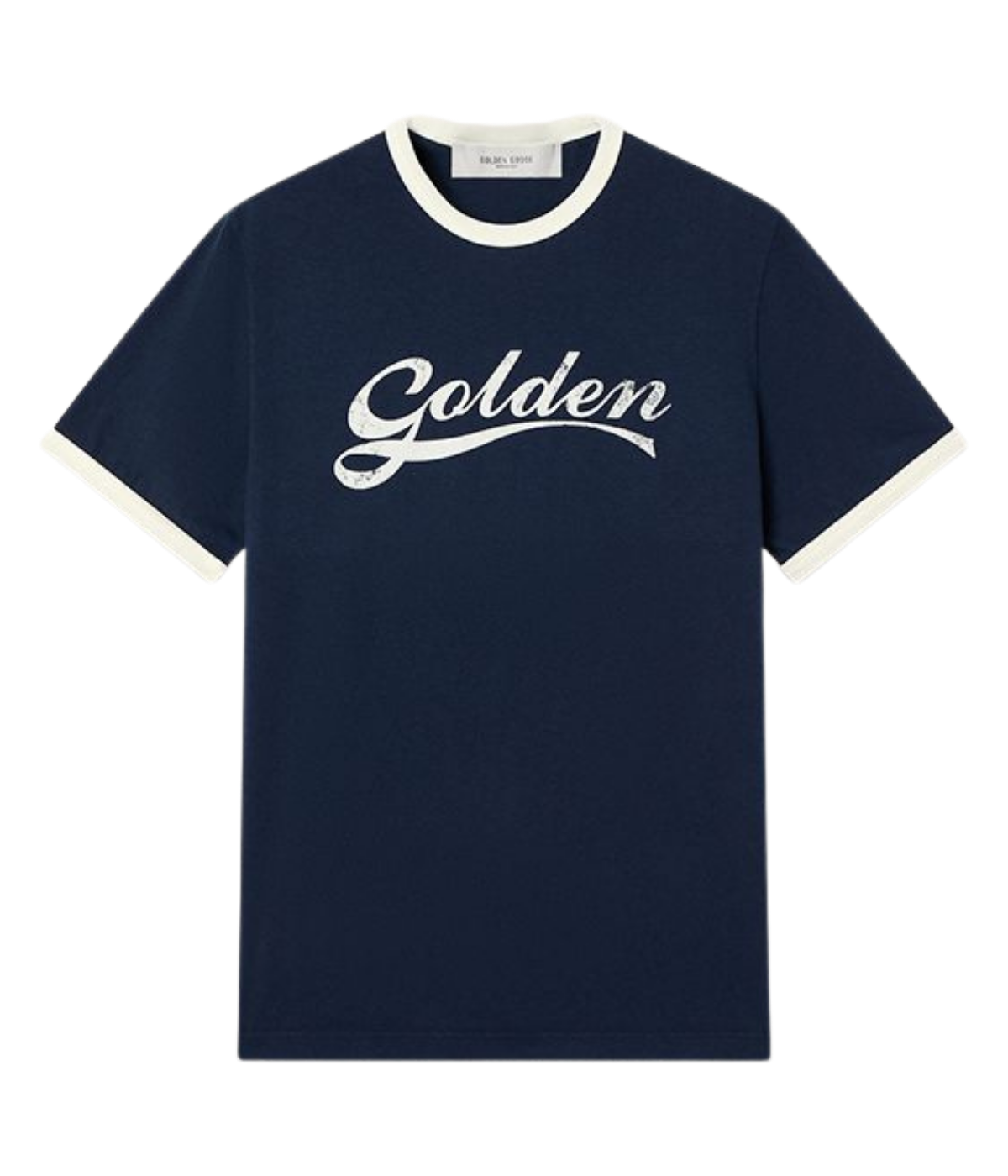 Golden Goose Journey men's slim-fit T-shirt in Blue Heritage White with contrasting ribbed trim and signature Golden logo print, front view.