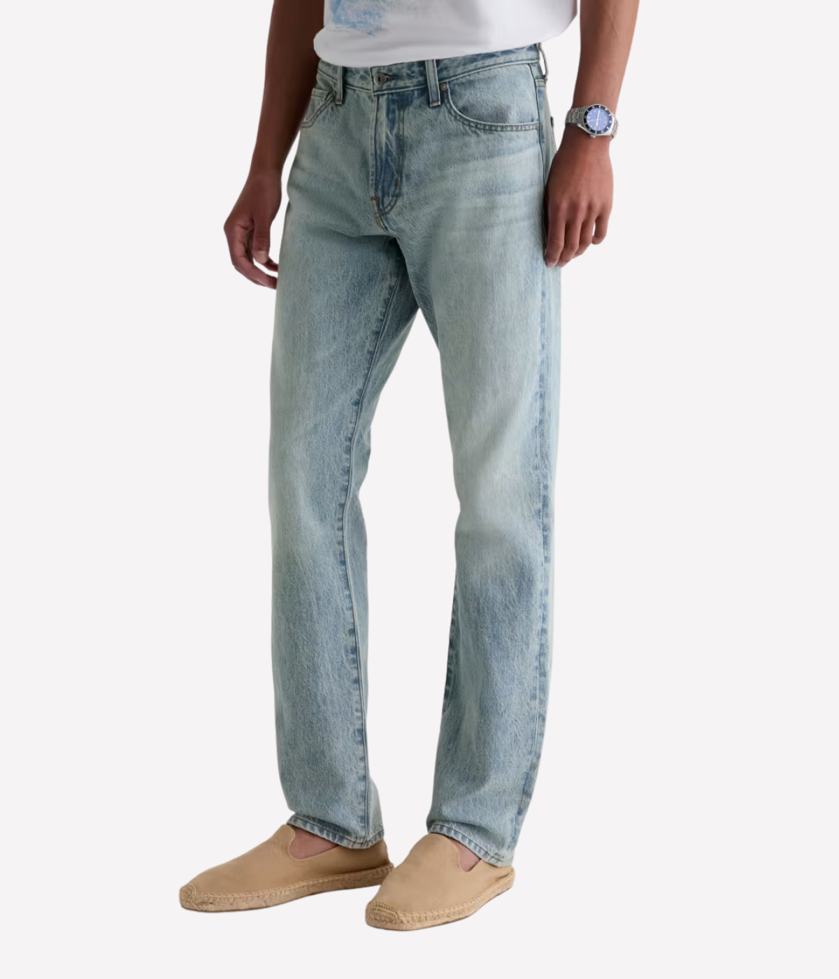 AG Everett Jean in 7 Years Sulfur Ashline worn on model - angled front view.