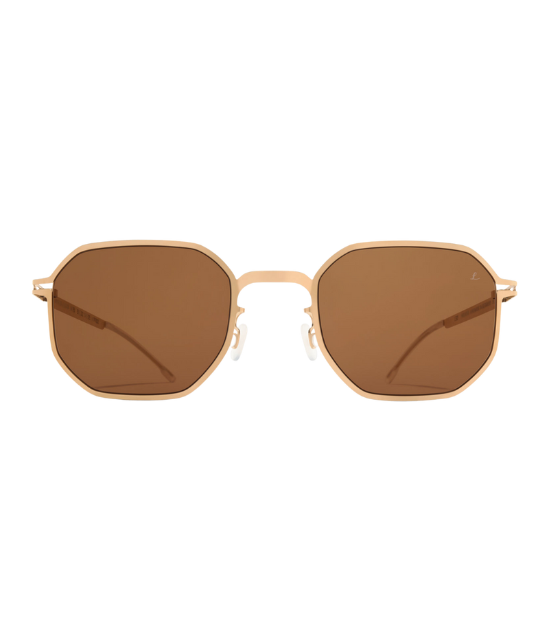 MYKITA MYLON ML15 Sun 332 in Light Champagne Gold & Brown front view featuring Leica Brown lenses.