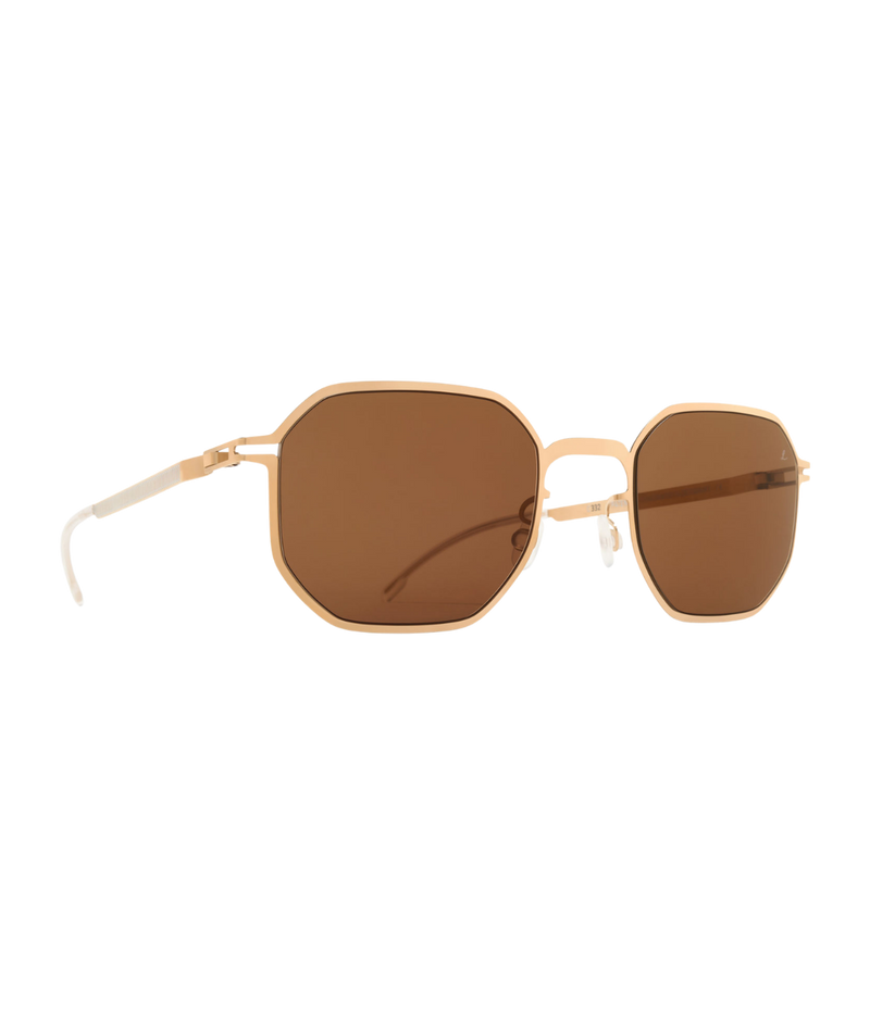 MYKITA MYLON ML15 Sun 332 in Light Champagne Gold & Brown angled front view highlighting the lightweight MYLON frame.