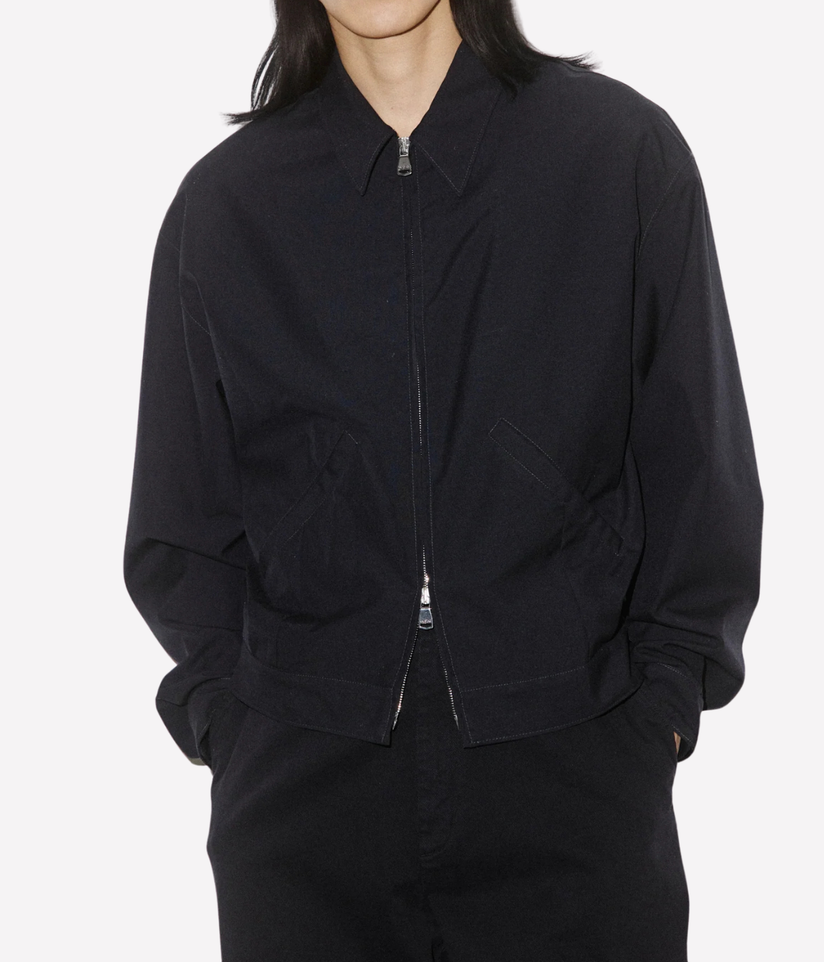 Valstar Stan Bomber Jacket in Navy - Upper Half Front View on Model