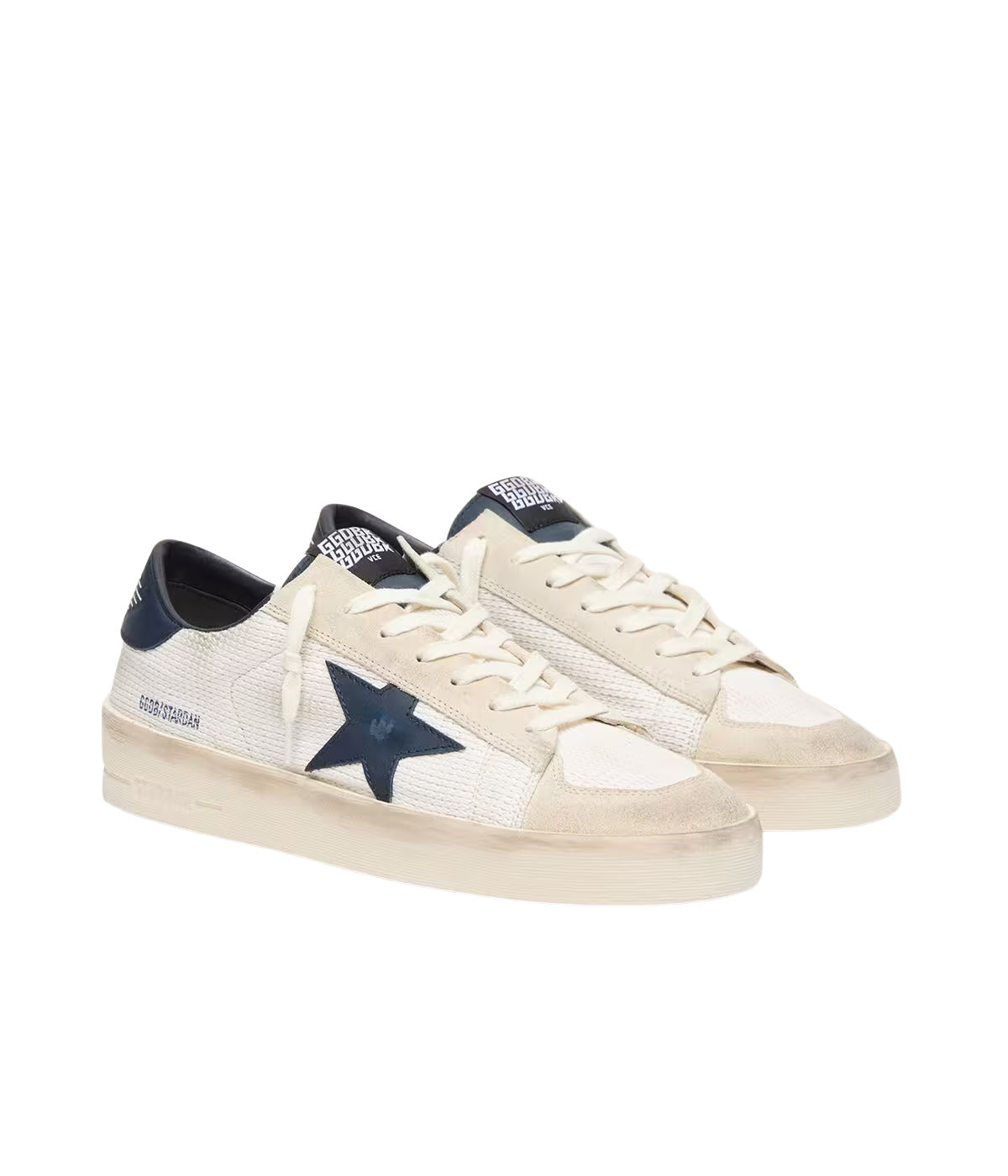 Golden Goose Stardan Sneaker in Beige & Ink Blue - Angled Side Shot