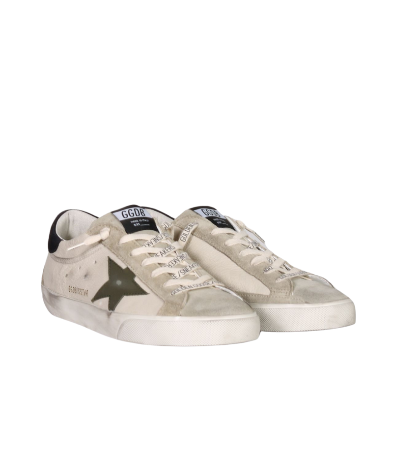 Golden Goose Super Star Sneaker In Cream, Grey, Olive Green & Dark Blue - Angled Side Shot