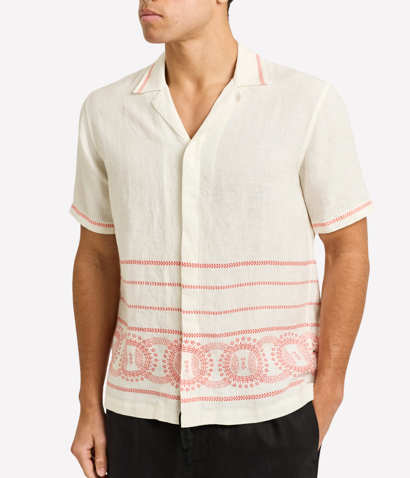 Maitan Linen Shirt in White Sand & Summer Red