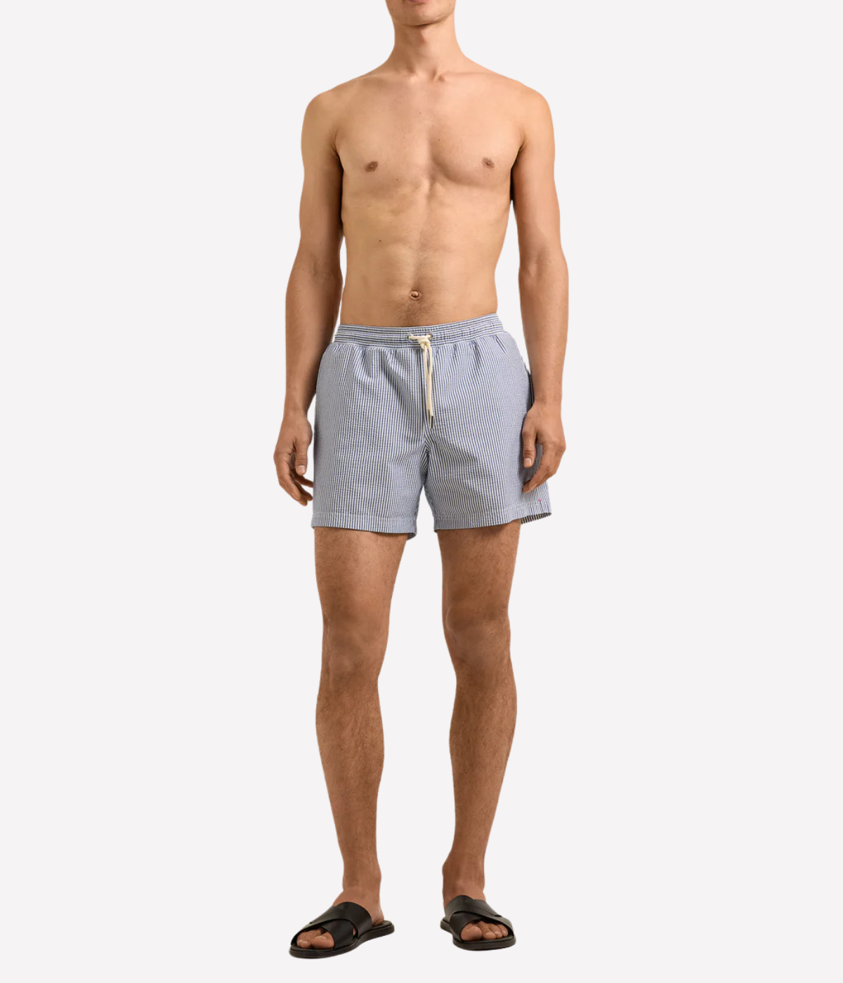 Orlebar Brown Boxer with Seersucker Stripe in Nova Blue front view on model.
