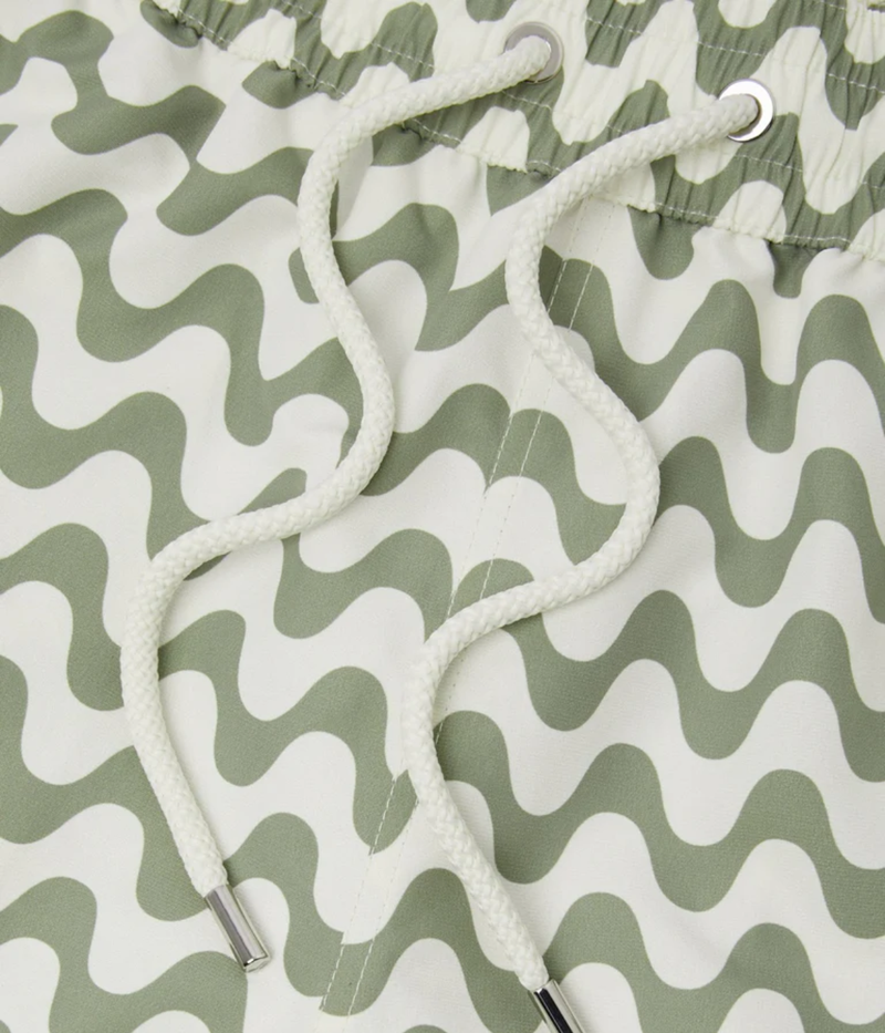 Frescobol Carioca Rio Swim Shorts Copacabana Print in Palm Green – Close Up View on Print Printed Swim Shorts