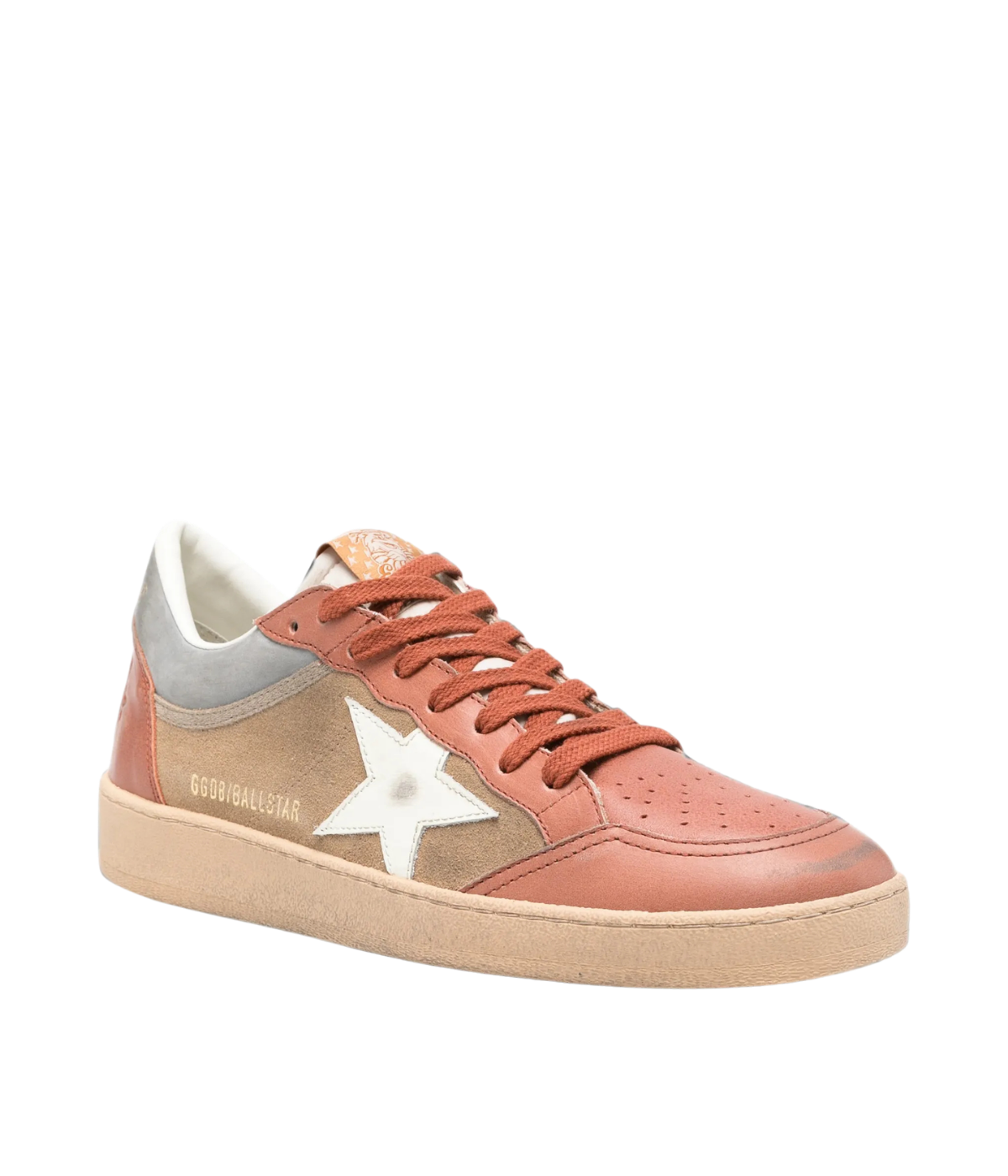 Golden Goose Ball Star low-top sneakers with a suede upper, leather toe and cream star in tobacco, brandy and beige tones, angled side profile.