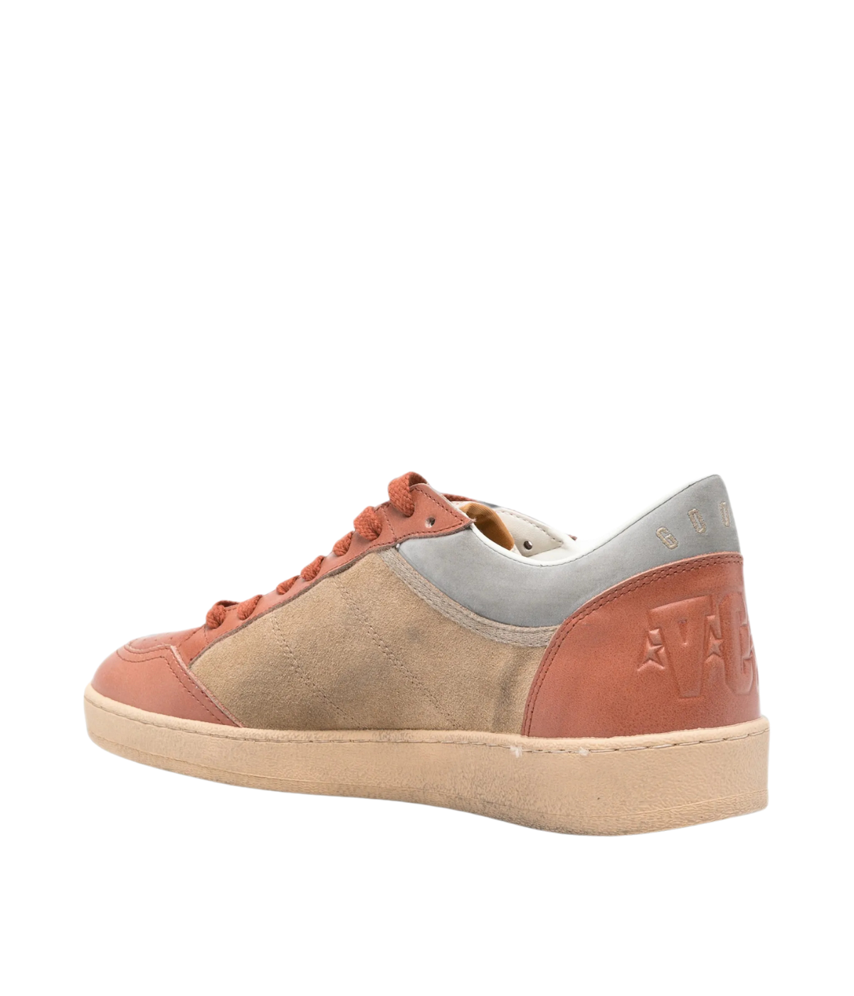 Golden Goose Ball Star low-top sneakers with a suede upper, leather toe and cream star in tobacco, brandy and beige tones, angled back profile.