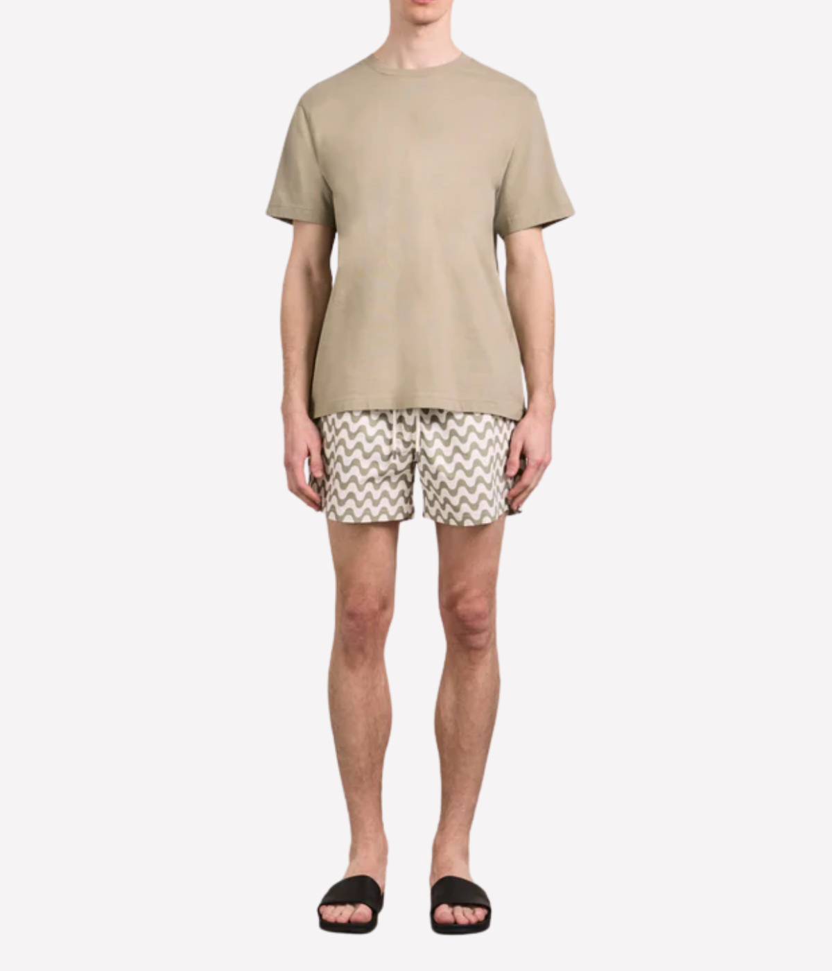 Frescobol Carioca Rio Swim Shorts Copacabana Print in Palm Green – Front View on Model Printed Swim Shorts