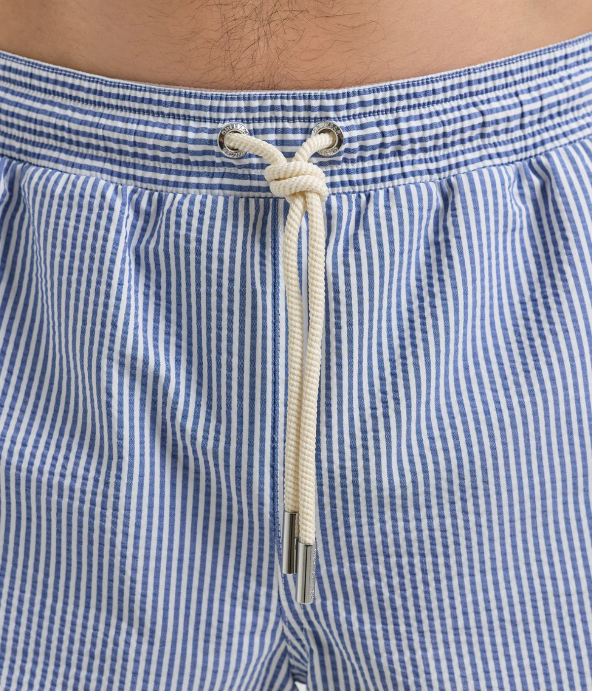 Orlebar Brown Boxer with Seersucker Stripe in Nova Blue close-up of the drawcord waistband.