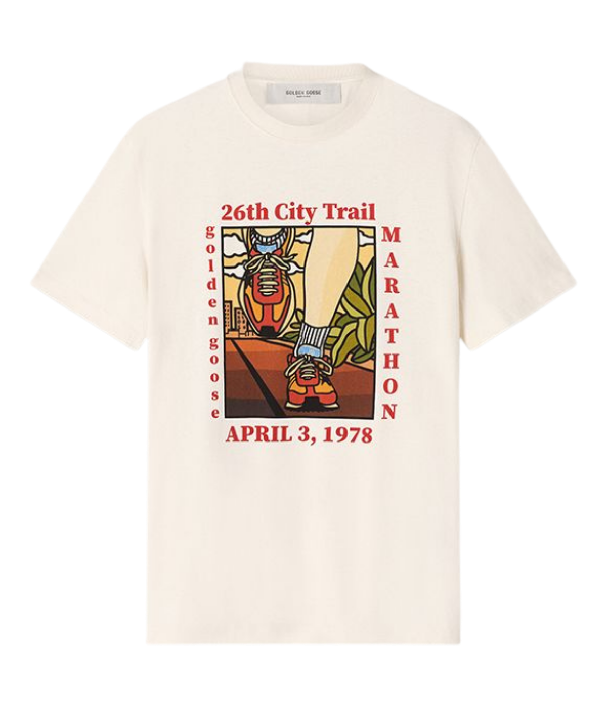 Golden Goose Journey men's graphic T-shirt in Heritage White featuring a vintage-inspired marathon print, flat lay front view.