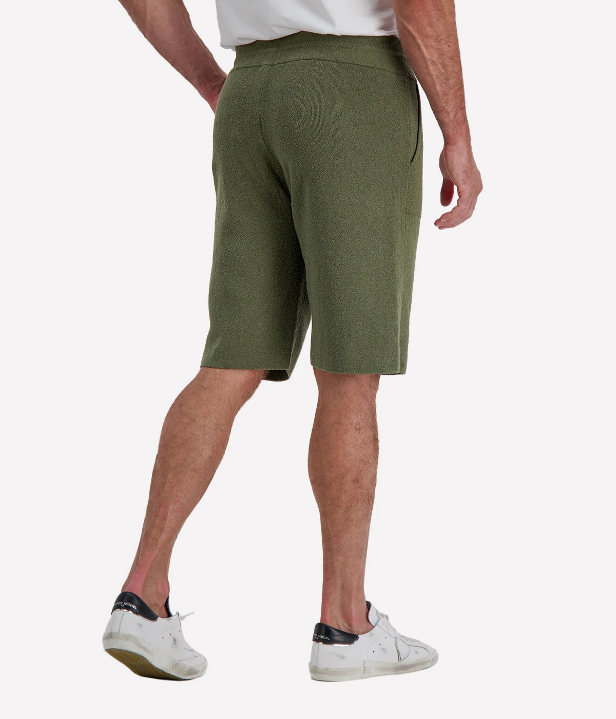 Roberto Collina Knit Bermuda in Militare – Back Angled View Drawstring Knit Shorts