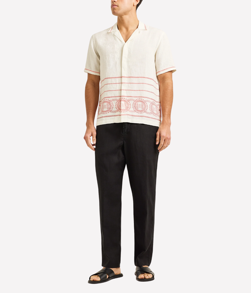 Maitan Linen Shirt in White Sand & Summer Red