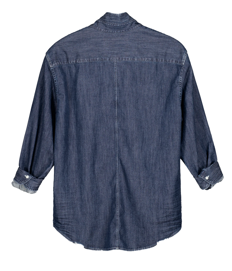 A dark blue denim long-sleeve button-up shirt shown from the back, featuring a high collar, a central seam, and rolled-up sleeves with button cuffs, displayed on a solid white background.