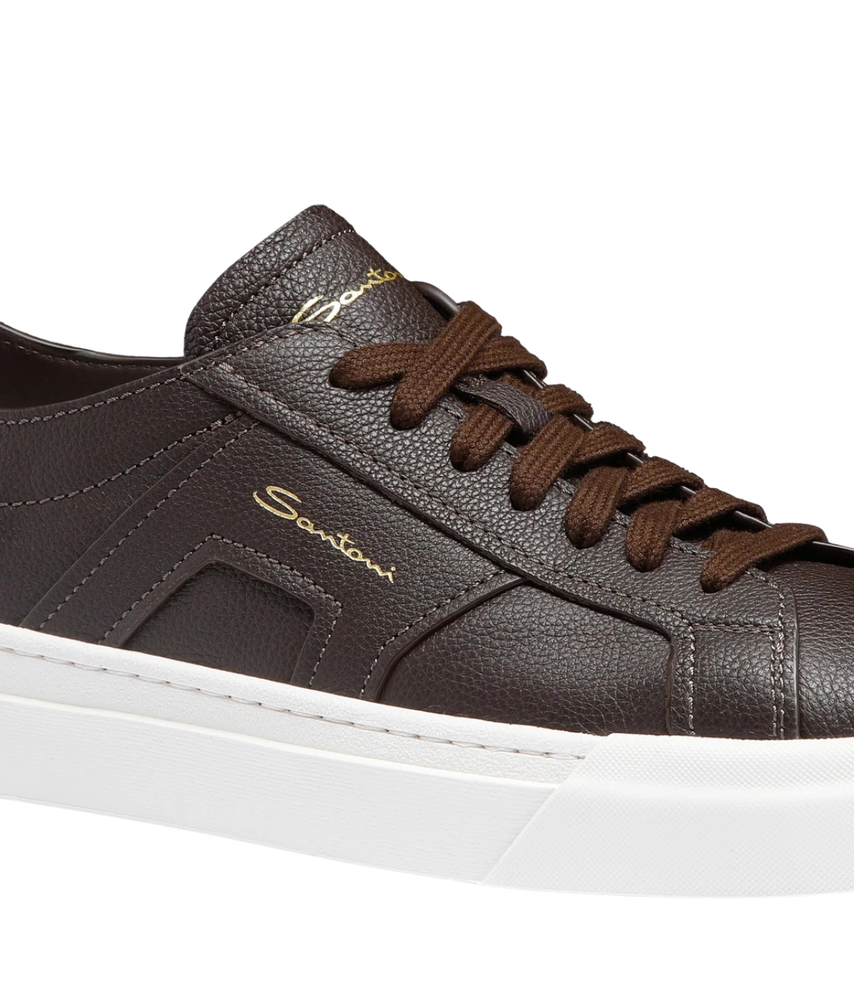 Santoni DBS Sneaker in Dark Brown close up on front upper details. 