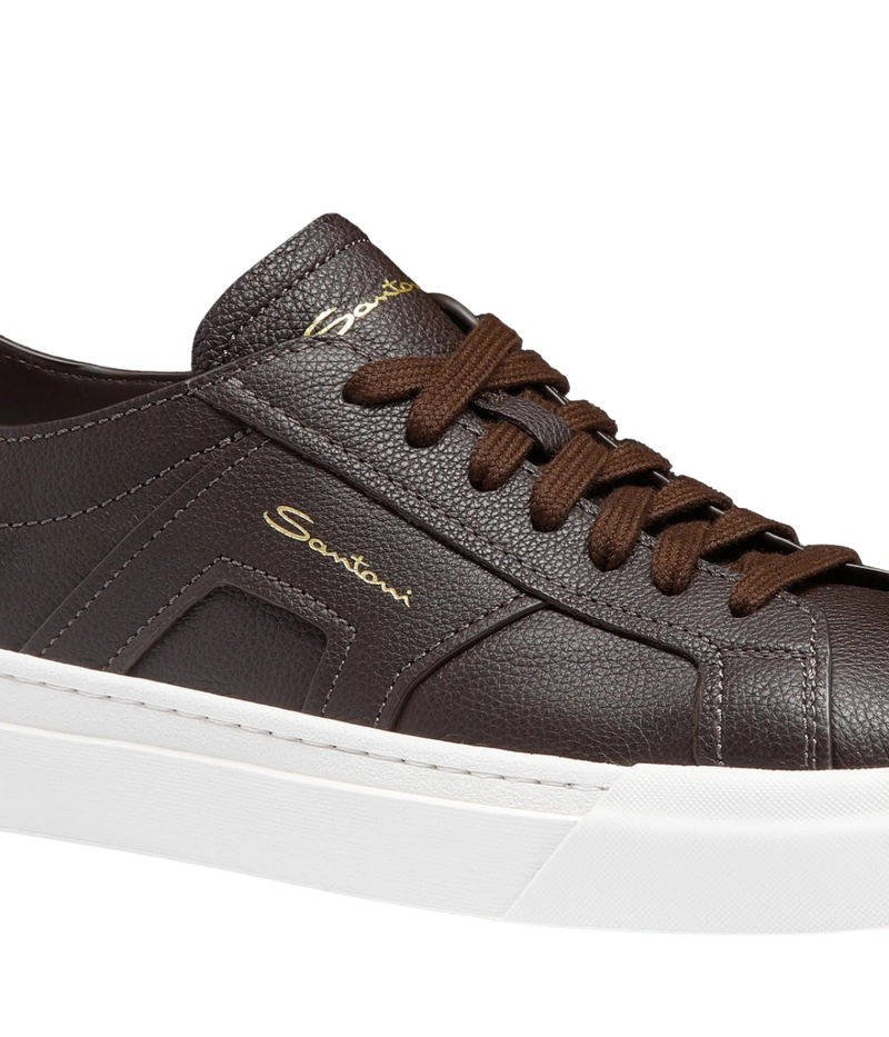 Santoni DBS Sneaker in Dark Brown close up on front upper details. 
