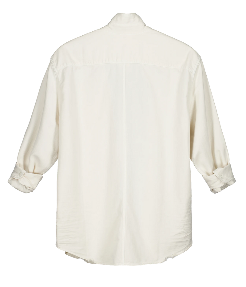 An off-white long-sleeve button-up shirt shown from the back, featuring a high collar, a central back seam, and rolled-up cuffs.