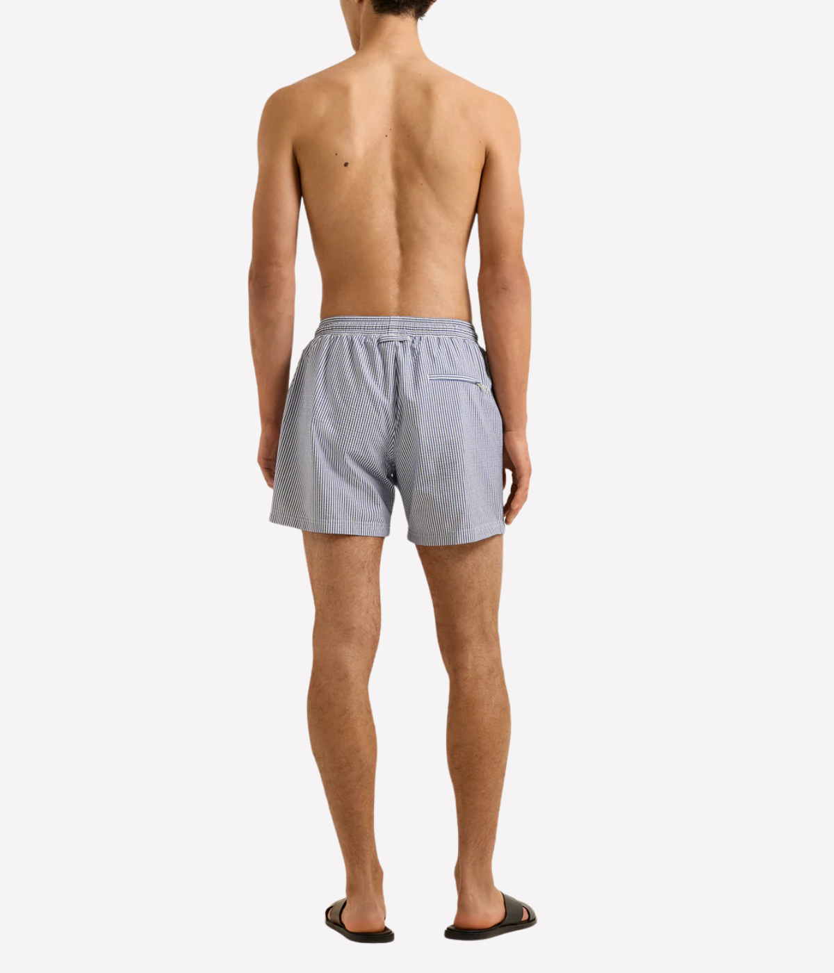 Orlebar Brown Boxer with Seersucker Stripe in Nova Blue back view on model.