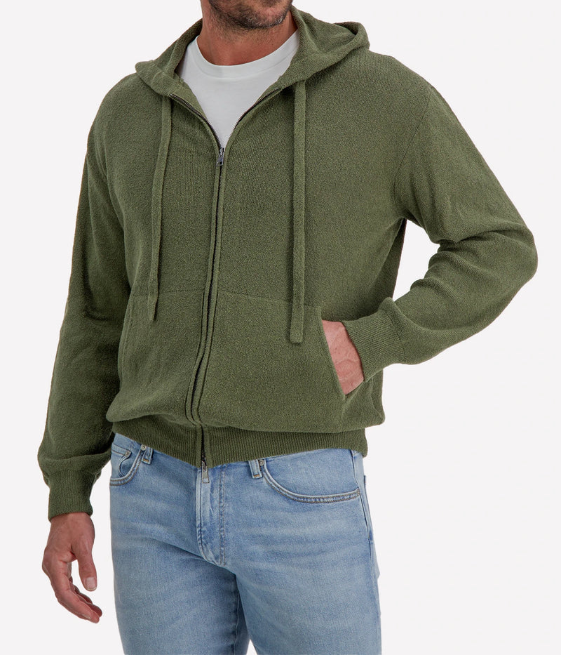 Roberto Collina Knit LS Hoodie in Militare – Front View Full Zip Knit Hoodie