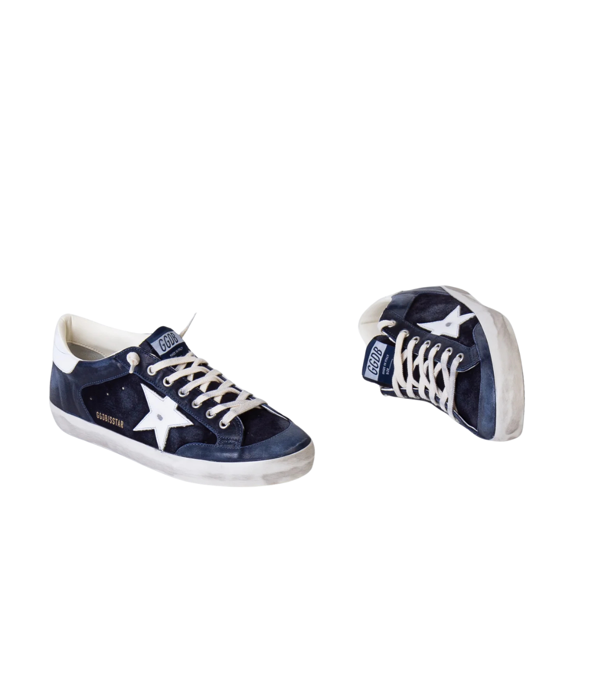 Golden Goose Super-Star Sneaker in Dark Blue & White angled view in pair featuring the signature leather star.
