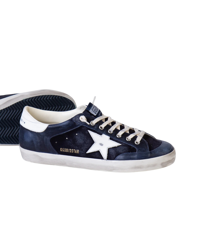 Golden Goose Super-Star Sneaker in Dark Blue & White side view in pair featuring the signature leather star.
