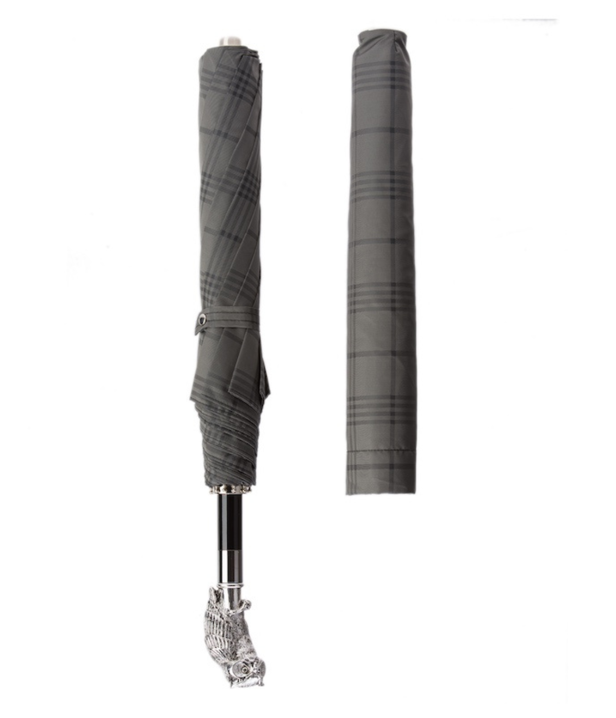 Pasotti Silver Owl Folding Umbrella - Full shot with case