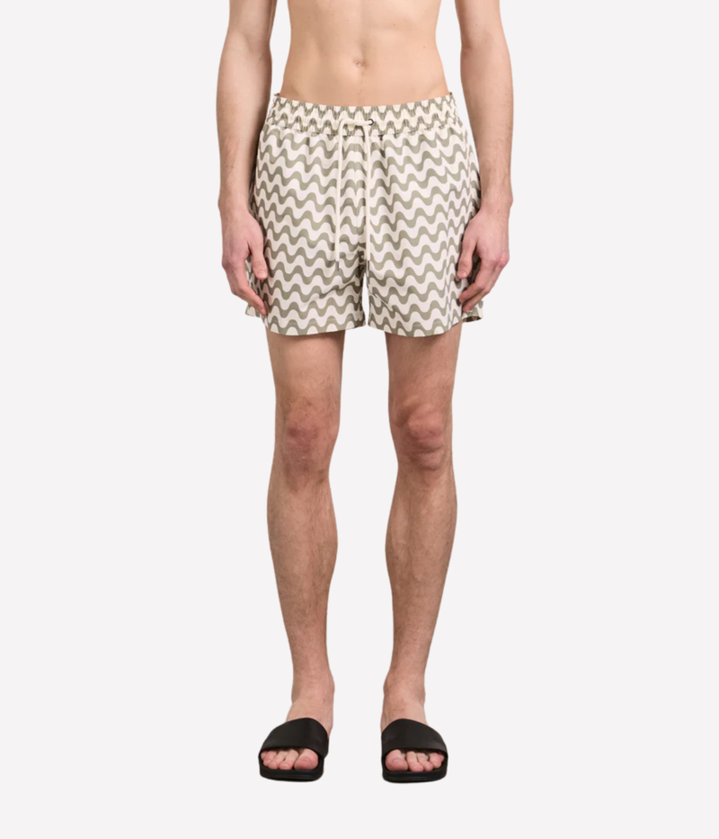 Frescobol Carioca Rio Swim Shorts Copacabana Print in Palm Green – Front View on Model Printed Swim Shorts