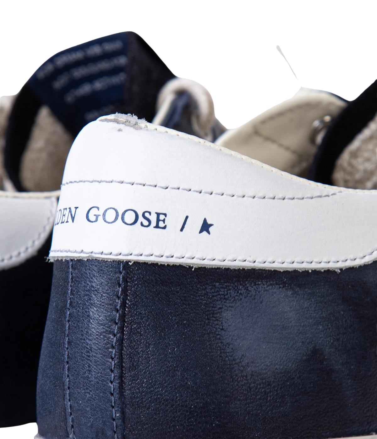 Golden Goose Super-Star Sneaker in Dark Blue & White Close Up view of the back