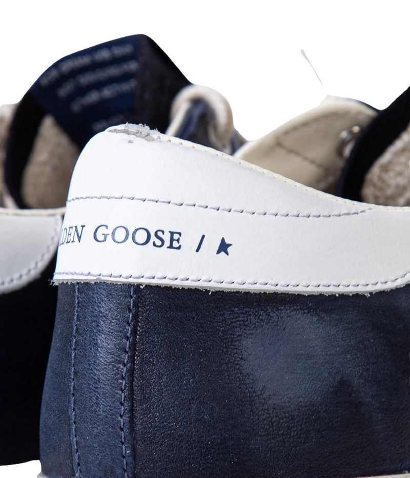 Golden Goose Super-Star Sneaker in Dark Blue & White Close Up view of the back